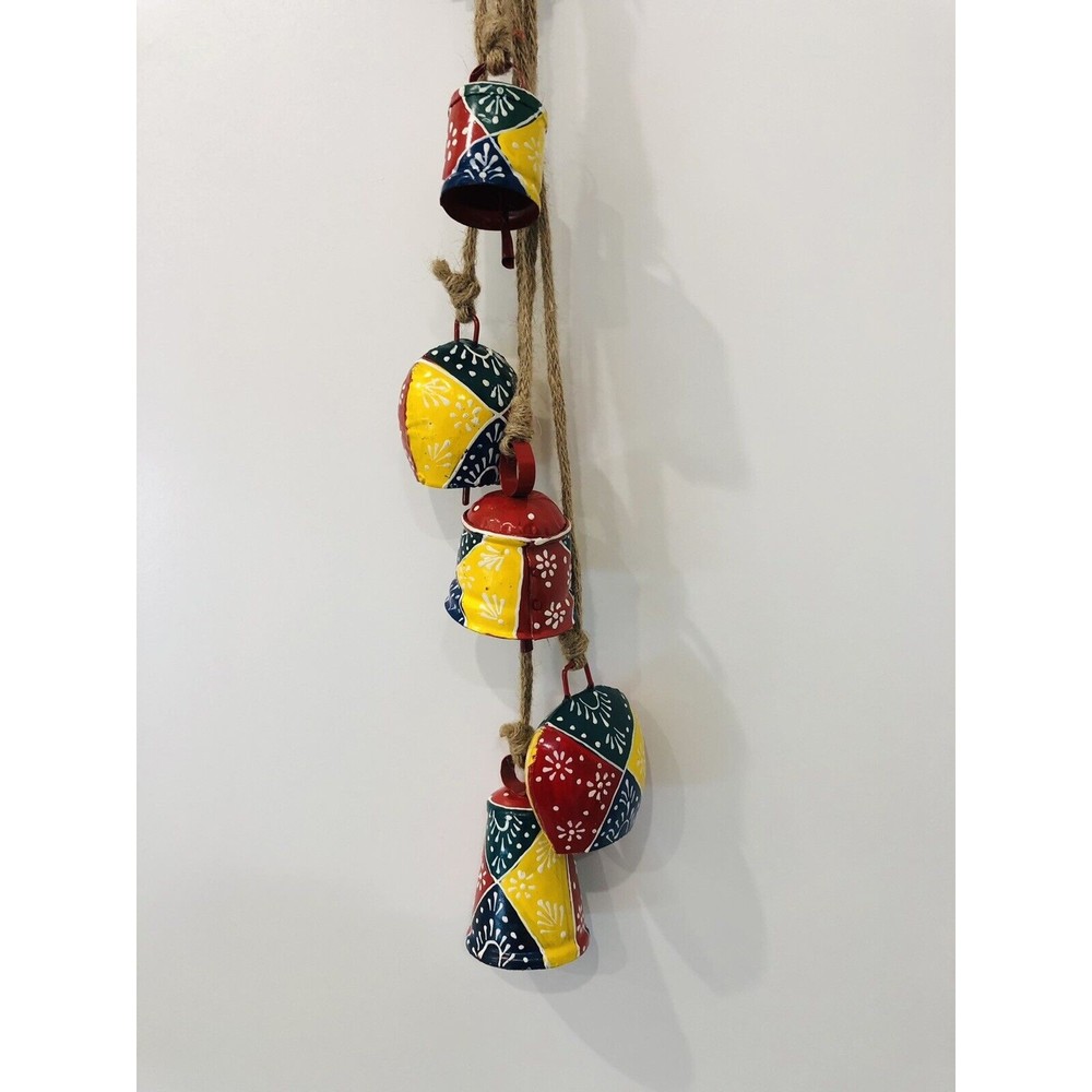 Global Mosaic Cow Bell Chime  5 Colorful Bells With Hand Printed Flowers